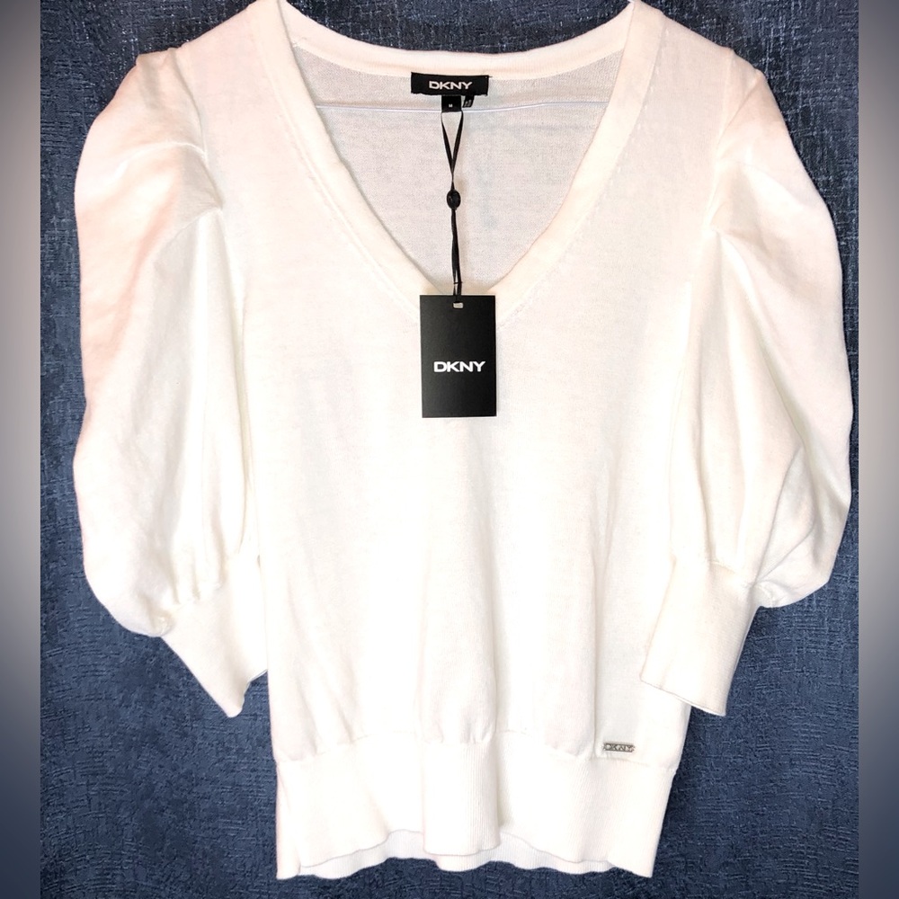 DKNY Ivory V-Neck Blouse with Puff Sleeves